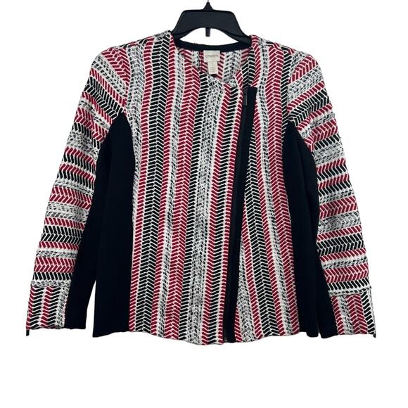 Chico's Striped Asymmetrical Zip Moto Jacket Med Mixed Woven Ribbed Knit Fall - Picture 1 of 10